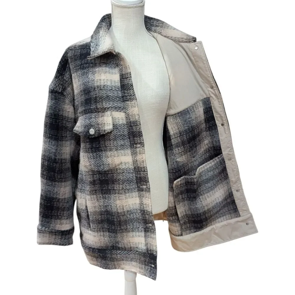 Gap Women's 2XL Wool Relaxed Shirt Jacket in neutral tan plaid